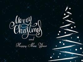 Handwritten white lettering on a dark blue background. Magic white Christmas tree made of brush strokes with snowflakes. Merry Christmas and Happy New Year 2022. vector