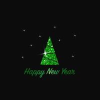 Sparkling Christmas Tree. Green Metallic glitter icon on a dark background. Merry Christmas and Happy New Year 2022. Vector illustration.