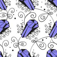 Seamless pattern with crystals and decorative vegetation in line art. Flat vector background