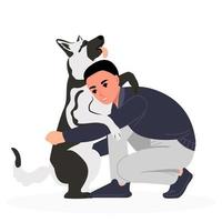 Child boy hugs his shepherd dog. Playing with a pet by children. Flat vector illustration
