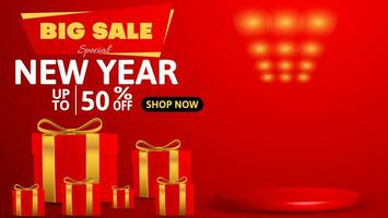 realistic big sale special new year banner or poster in red color with gift box and podium vector