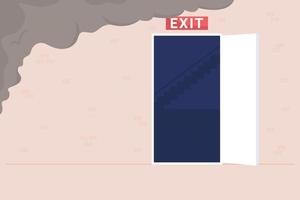 Emergency exit flat color vector illustration. Evacuating building in disaster case. Access to outside. Exit discharge. Emergency evacuation route 2D cartoon interior with smoke on background