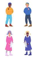 Kid in coat semi flat color vector characters set. Posing figures. Full body people on white. Winter season isolated modern cartoon style illustration for graphic design and animation pack