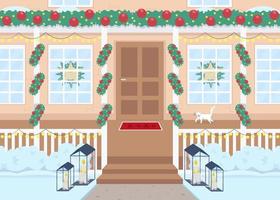 Home front at Christmas flat color vector illustration. House exterior in cold weather during wintertime. Suburban area. Festivly decorated 2D cartoon outdoors scene with snow on background