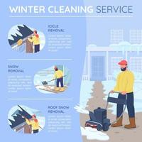 Winter cleaning services flat color vector infographic template. Snow removal. Poster with text, PPT page concept design with cartoon characters. Creative data visualization. Info banner idea