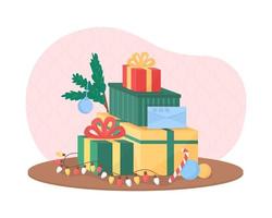 Christmas presents 2D vector isolated illustration. Festive season tradition. Winter holidays gifts flat composition on cartoon background. Wrapped boxes with ribbons and bows colourful scene