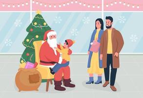 saludo de santa en la ilustración de vector de color plano de centro comercial. padres felices. niño pidiendo presente. niño deseando regalo. La gente en el centro comercial personajes de dibujos animados 2d con pantallas en el fondo