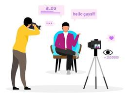 Blogger flat vector illustration. Online tutorial, channel, blog. Blogger creating video content at studio with cameraman. Social media vlog content. Isolated cartoon character on white background