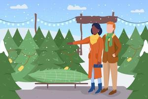 Picking pine at tree farm flat color vector illustration. Girlfriend and boyfriend choosing fir to buy at grove. Couple in winter coats 2D cartoon characters with interior on background