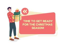 Christmas season preparation vector quote box with flat character. Buying gifts for New Year. Speech bubble with cartoon illustration. Colourful quotation design on white background