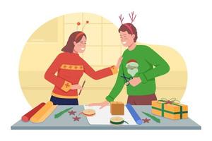 Wrapping presents for Christmas 2D vector isolated illustration. Festive season. New Year. Happy couple flat characters on cartoon background. New Year preparation activity colourful scene