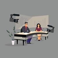 Television presenter, journalists at news studio flat illustration. Newscasters broadcasting, recording news release. Mass media, press, TV industry. Journalists, reporters, announcers characters vector