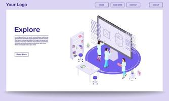 Scientific exploration isometric landing page template. Cartoon mathematicians analysing data on interactive screen with augmented reality options. Research lab workers. Theorists studying 3d models vector