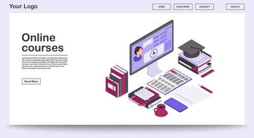 Online courses webpage vector template with isometric illustration. Webinar, video tutorial, digital teacher. Remote internet studying, distance education. Website interface layout. Webpage 3d concept