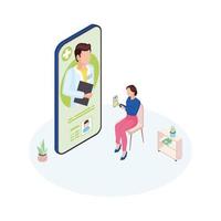 Doctor on call service isometric illustration. General practitioner consulting mother online. Remote pediatrician advice. Cartoon woman explaining child symptoms, complaints via video conference vector