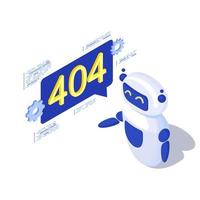 Server not found automated message generation isometric illustration. Robot, AI assistant with 404 notification in speech bubble. Disconnected server, broken link problem. Web search malfunction vector