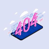 404 numbers on smartphone screen isometric illustration. Page not found alert notification. Website under construction concept. Internet browsing malfunction, disconnected server problem vector