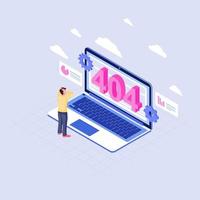 User shocked at 404 problem isometric illustration. Man watching page not found message on laptop display cartoon character. Client cloud service not available. Internet webpage disconnected vector