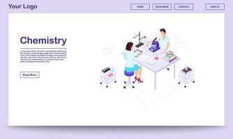 Chemistry lab staff isometric landing page template. Male scientist studying substance sample in microscope in medical laboratory. Female assistant, colleague making notes of experiment result vector