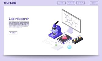 Lab research tools isometric webpage template. Modern laboratory equipment, 3d microscope, beakers. Chemical substance formula on big board, screen. Scientific center landing page with text space vector