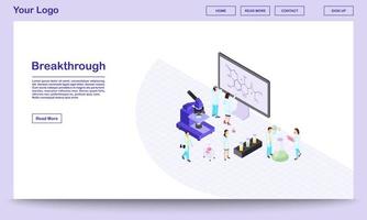 Scientific breakthrough isometric landing page template. Chemists, pharmacologists excited about new formula. 3d lab with modern equipment, microscope, beakers. Research center website with text space vector