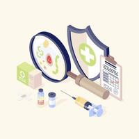 Vaccination equipment isometric color vector illustration. Healthcare, immunisation. Disease prevention and health promotion. Vaccination records, vial and syringe, virus, magnifying glass 3d concept