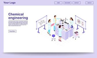 Plantilla de página web isométrica de ingeniería química. investigadores de bioquímica realizando pruebas en vasos de precipitados. laboratorio científico con equipos profesionales y pizarras digitales. sitio web de la empresa farmacéutica vector