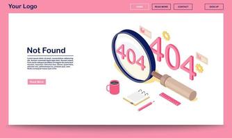Not found standard code isometric webpage template. 404 error message in magnifying glass. Disconnected server notification landing page with text space. Web search problems statistics vector
