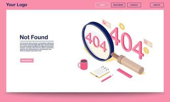 plantilla de página web isométrica de código estándar no encontrada. Mensaje de error 404 en lupa. Página de inicio de notificación de servidor desconectado con espacio de texto. estadísticas de problemas de búsqueda web vector