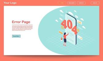página de error plantilla de página de destino isométrica. 404 notificación de enlace roto en el teléfono inteligente. usuario, experiencia de mal funcionamiento de la búsqueda web del cliente. mensaje de servidor no encontrado en la página web con espacio de texto vector