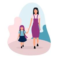 Mother with daughter going to school flat vector illustration. Older and younger sisters holding hands cartoon characters isolated on white background. Preteen and teen schoolchildren, schoolgirls