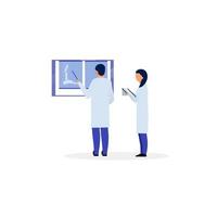 Orthopedist, traumatologist reading fracture x ray flat illustration. Trauma, injury diagnosing and treatment. Therapist, general practitioner, doctor and nurse cartoon characters on white background vector