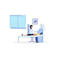 Sonographer examining digestive system flat vector illustration. Doctor, therapist doing diagnostic abdominal ultrasound procedure, ultrasonography. Gastroenterologist diagnosing cartoon character