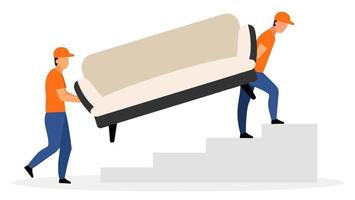 Ilustración de vector plano de servicio de entrega de muebles. trabajadores del almacén que llevan personajes de dibujos animados de sofá aislados sobre fondo blanco. mensajero, repartidor, cargador hombres repartieron sofá. concepto de envío