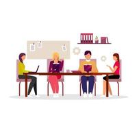 Office workers brainstorming, teamwork flat illustration. Business conference, seminar, corporate training. Managers team working isolated cartoon characters. Employees, executives, board of directors vector