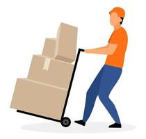 Warehouse worker with hand truck flat vector illustration. Courier, deliveryman moving trolley, dolly cart with cardboard boxes, parcels isolated cartoon character. Delivery, shipping service concept