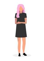 Emo girl flat vector illustration. Young woman with pink hair and tattooed cartoon character. Hipster lady wearing black dress with crossed hands isolated on white background. Stylish female teenager