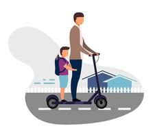 Schoolchildren riding scooter together flat vector illustration. Schoolboy with younger brother cartoon characters on white background. Teenage and preteen children going to school. Kids have fun