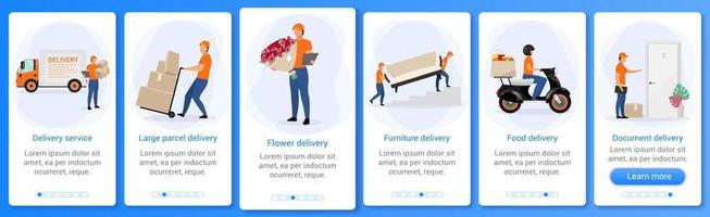 plantilla de vector de pantalla de aplicación móvil de incorporación de servicio de entrega. flores, muebles, paquetería, mensajería. paso a paso del sitio web con caracteres planos. interfaz de dibujos animados de smartphone ux, ui, gui