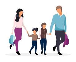 Young parents with school children flat vector illustration. Family going to school together and holding hands cartoon characters. Father and mother with two preteen kids. Schoolboy and schoolgirl