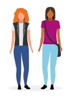 Young girls flat vector illustration.  Woman and red haired lady cartoon characters isolated on white background. Female friends in casual style. Caucasian and african american modern women