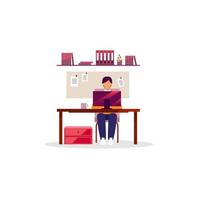 Office worker, employee with laptop flat vector illustration. Man working at desk isolated cartoon character on white background. Manager, designer, programmer using PC. Workplace, workspace interior