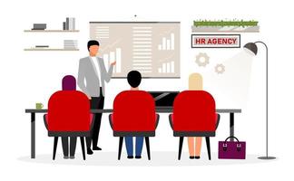 HR agency workers meeting flat vector illustration. Boss, top manager making presentation, report. Chief expert giving instructions to headhunters, talent scouts about staff, personnel requirements