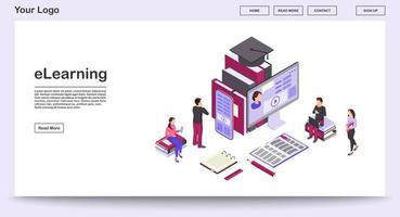 E learning webpage vector template with isometric illustration. Webinars, video tutorials. Online business training. Remote studying, distance education. Website interface layout. Webpage 3d concept