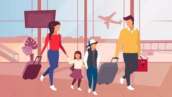 familia viajando en avión ilustración vectorial. padres e hijos, hermanos cargando equipaje, bolsos. Padres jóvenes con niños caminando por la sala de espera del aeropuerto, regresando de las vacaciones de verano