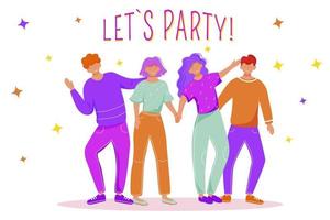 Dejemos fiesta ilustración vectorial plana. hombres y mujeres se divierten en la pista de baile. alegre celebración con amigos. entretenimiento juvenil. bailando, gente, aislado, caricatura, carácter, blanco, plano de fondo vector