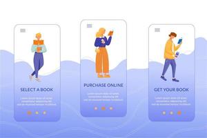 librería en línea onboarding plantilla de vector de pantalla de aplicación móvil. seleccione, compre, obtenga el libro. paso a paso del sitio web con caracteres planos. concepto de interfaz de dibujos animados de smartphone ux, ui, gui