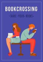 Bookcrossing poster vector template. Share your books. Brochure, cover, booklet page concept design with flat illustrations. Reading man and woman. Advertising flyer, leaflet, banner layout idea