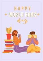 Happy world book day poster vector template. Brochure, cover, booklet page concept design with flat illustrations. Reading people. Library. Advertising flyer, leaflet, banner layout idea