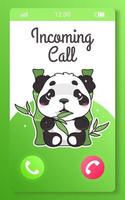 Incoming call kids mobile app screen with cartoon kawaii character. Smartphone girlish application. Accept and decline call buttons with cute panda bear. Green phone page UI, UX interface and animal